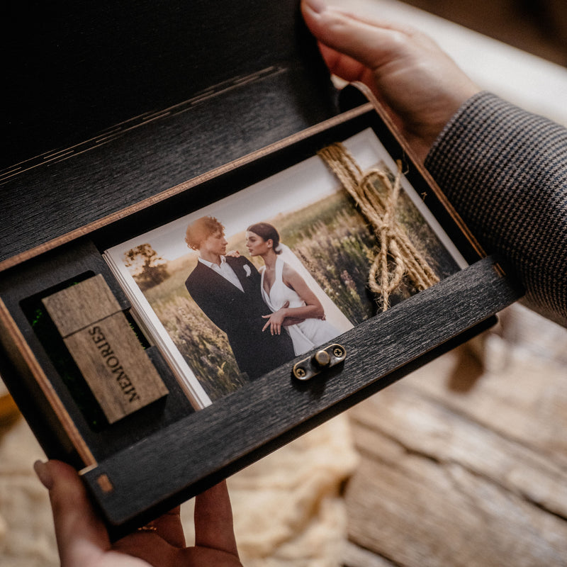Black Wooden Photo Box with USB Flash Drive for Wedding Clients - nzhandicraft